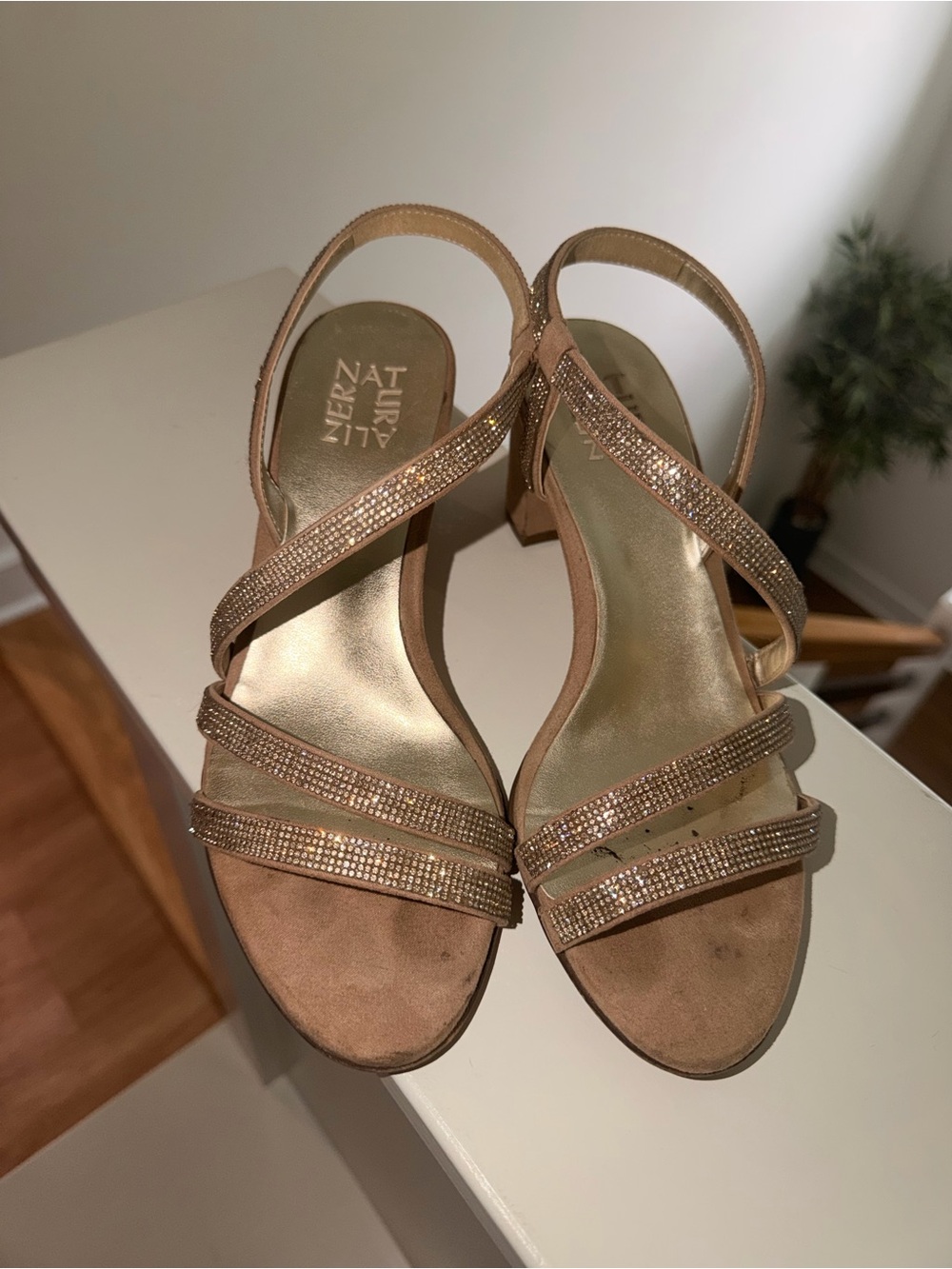 Naturalizer Women's Strappy Metallic Tan Sandals with Rhinestone Accents